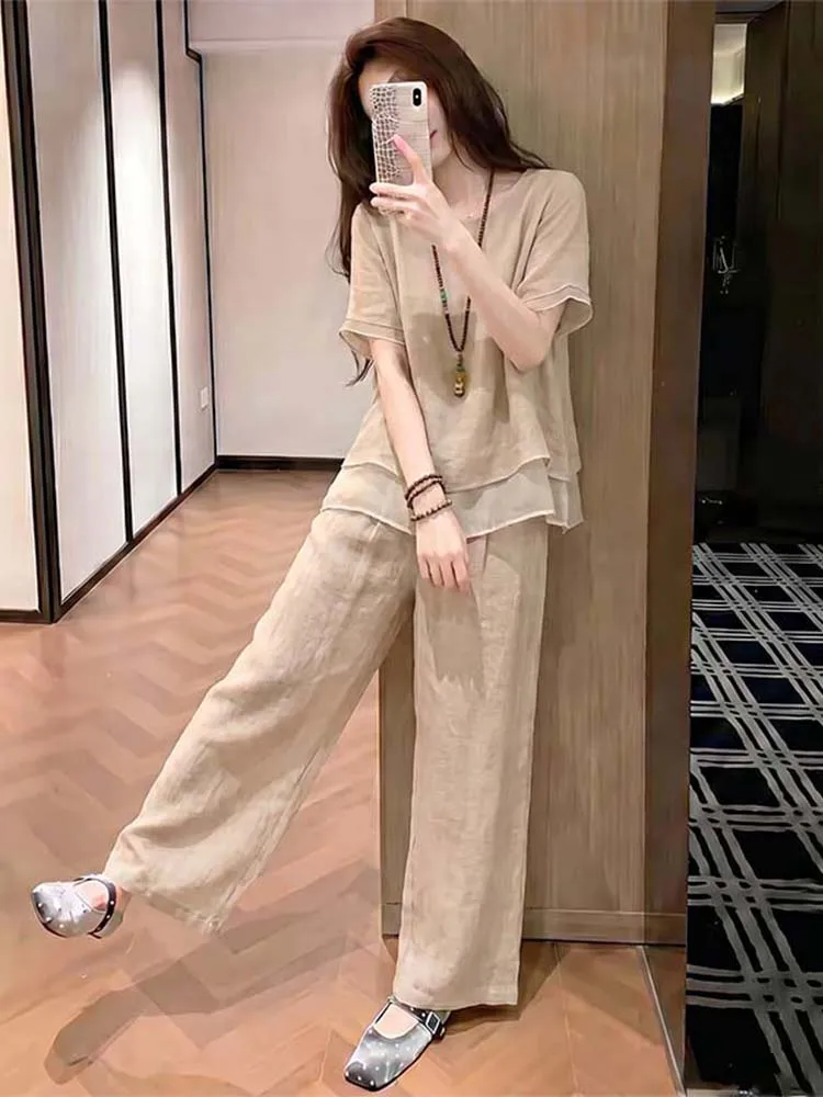 Casual Summer Outfit Women's round Neck Double Layer Short Sleeve Top Wide Leg Pants High Waist Two Piece Set Breathable Medi...
Casual Summer Outfit Women's round Neck Double Layer Short Sleeve Top Wide Leg Pants High Waist Two Piece Set Breathable Medi...