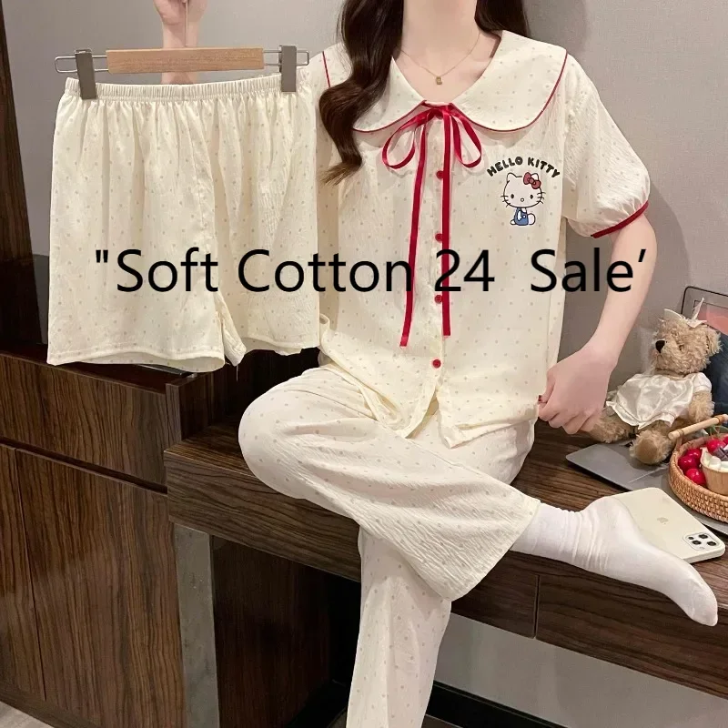 New Hello Kitty Women's Pajamas with Chest Pads Three-piece Short Sleeve Shorts Long Pants White Hello Kitty Loungewear
New Hello Kitty Women's Pajamas with Chest Pads Three-piece Short Sleeve Shorts Long Pants White Hello Kitty Loungewear