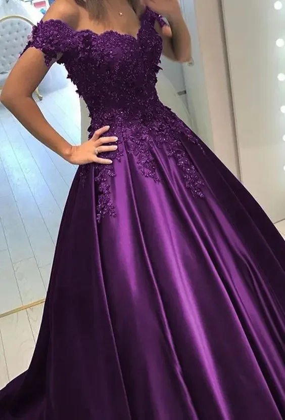 Purple Wedding Dress Off The Shoulder Satin A-Line Classic Bridal Gowns Lace Appliques Customized Beaded Gothic Wedding Dresses
Purple Wedding Dress Off The Shoulder Satin A-Line Classic Bridal Gowns Lace Appliques Customized Beaded Gothic Wedding Dresses