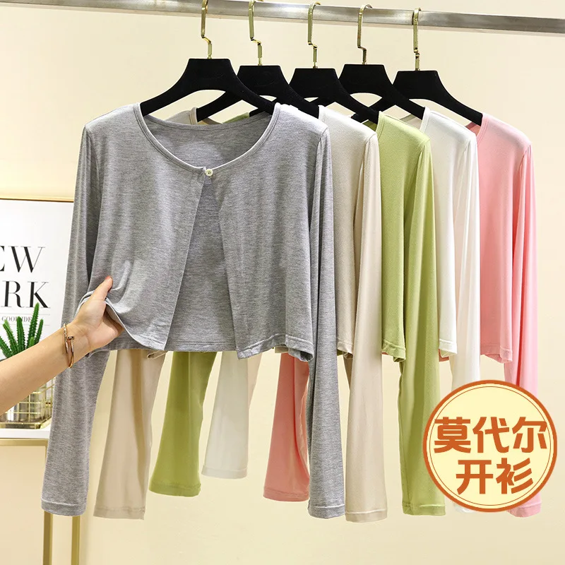 Summer 2025 Modal thin short jacket for women long sleeved thin cardigan top with camisole buckle and shawl
Summer 2025 Modal thin short jacket for women long sleeved thin cardigan top with camisole buckle and shawl