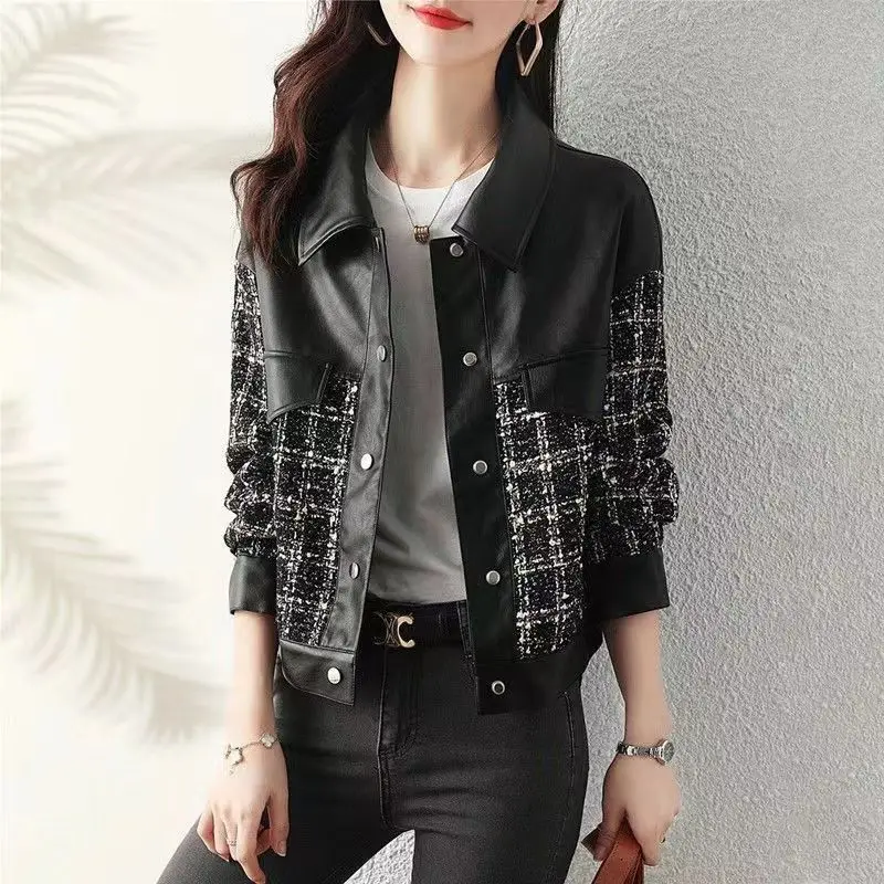 Women Motorcycle Leather Plaid Patchwork Jacket Cool Turn-down Collar False Pocket Design Autumn Winter Coats Single Breasted
Women Motorcycle Leather Plaid Patchwork Jacket Cool Turn-down Collar False Pocket Design Autumn Winter Coats Single Breasted