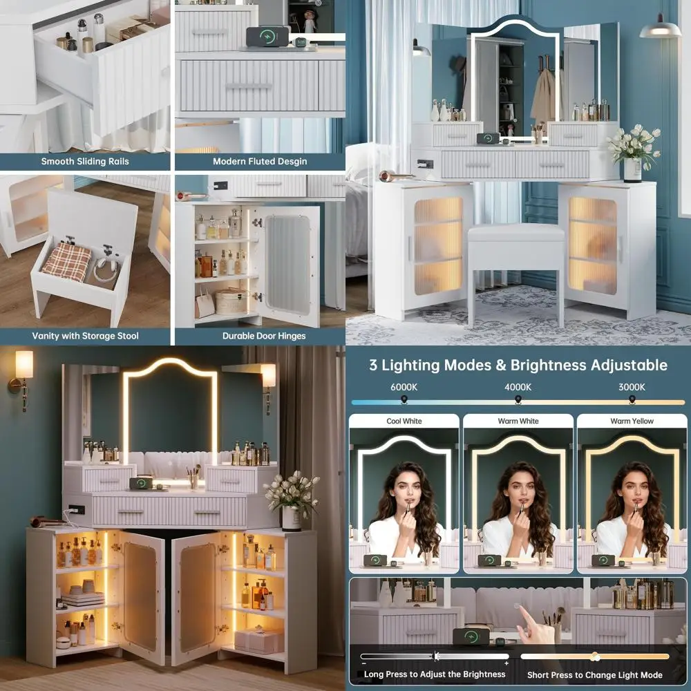 Illuminated Makeup Vanity with 4 Drawers, 2 Cabinets, and Cushioned Stool, Ideal for Bedroom in White
Illuminated Makeup Vanity with 4 Drawers, 2 Cabinets, and Cushioned Stool, Ideal for Bedroom in White