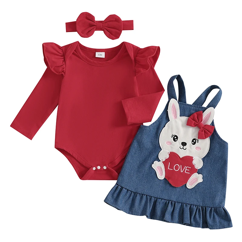 Baby Girl 3 Pcs Set Solid Ruffle Long Sleeve Romper Rabbit Heart Overall Dress Bow Headband Valentines Day Outfit
Baby Girl 3 Pcs Set Solid Ruffle Long Sleeve Romper Rabbit Heart Overall Dress Bow Headband Valentines Day Outfit
