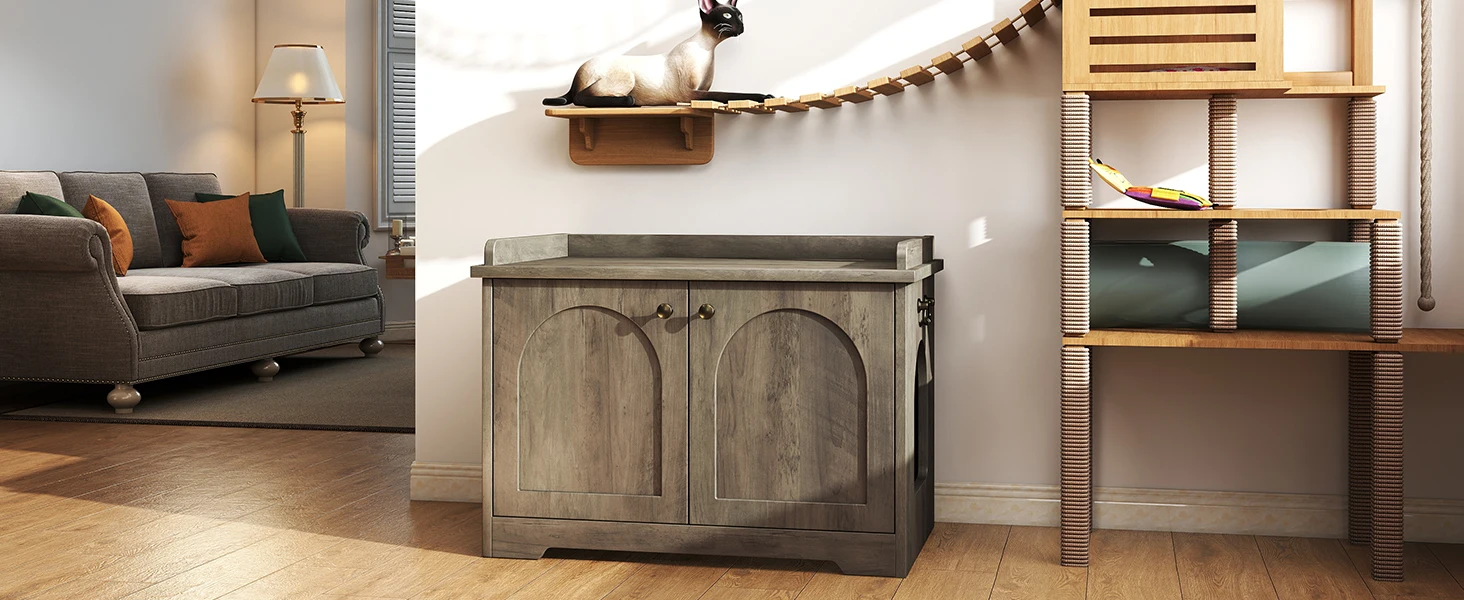 Wooden Cat Litter Box Enclosure Furniture with Scratching Pad Pet Cat Washroom House for Indoor Home Use
Wooden Cat Litter Box Enclosure Furniture with Scratching Pad Pet Cat Washroom House for Indoor Home Use
