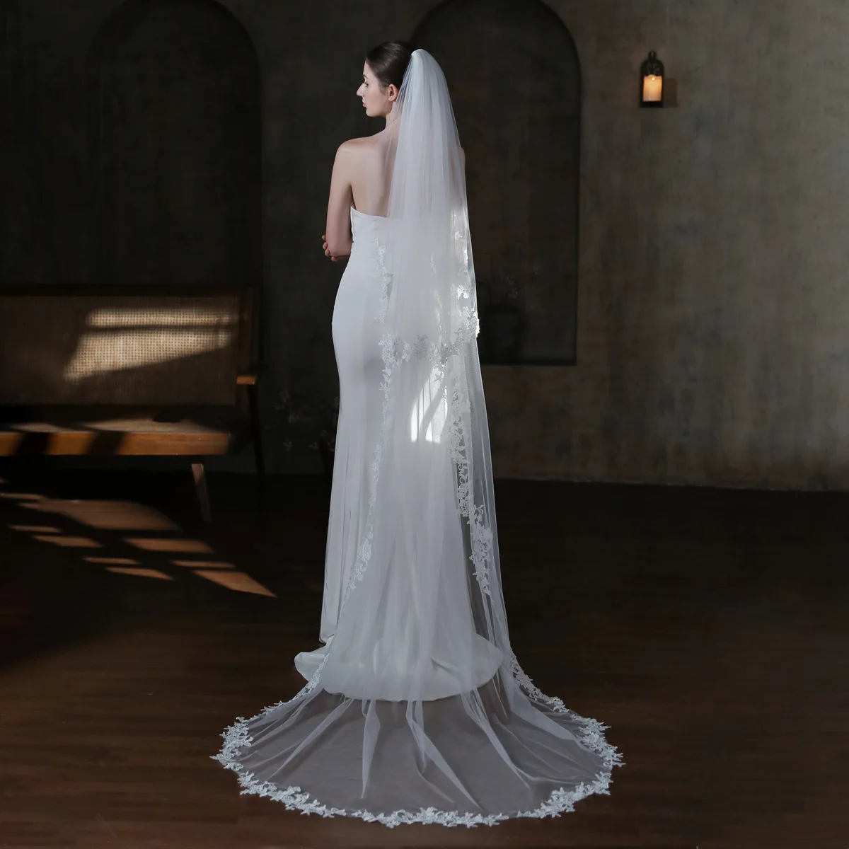 V868 Trailing Bridal Veil, Long Double-Layer Lace Edge Veil for Church Wedding and Travel Photography, Soft Veil Headpiece
V868 Trailing Bridal Veil, Long Double-Layer Lace Edge Veil for Church Wedding and Travel Photography, Soft Veil Headpiece