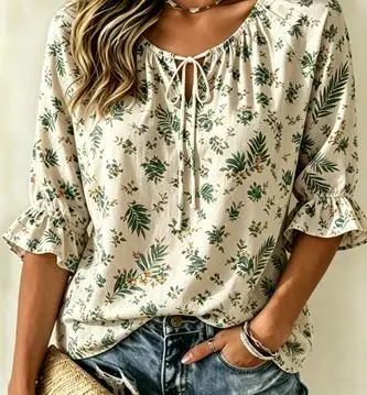 Women's Tropical Green Leaf Print Blouse Round Neck Tie Ruffled 3/4 Sleeve Relaxed Casual Holiday Beach Daily Top
Women's Tropical Green Leaf Print Blouse Round Neck Tie Ruffled 3/4 Sleeve Relaxed Casual Holiday Beach Daily Top