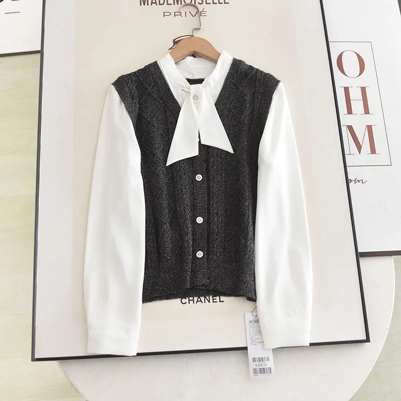 Spring autumn fake two pieces fashion color splicing long-sleeved shirt college style elegant commute office ladies wear top
Spring autumn fake two pieces fashion color splicing long-sleeved shirt college style elegant commute office ladies wear top