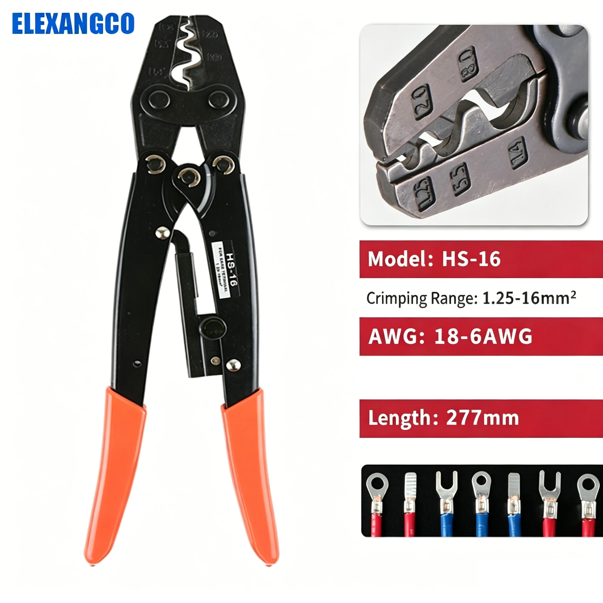 HS-16 Ratchet Crimping Plier 1.25-16mm² AWG18-6 Wire Crimper Tool for OT UT C45 Tab Bare Terminals Cable Lug Crimp Hand Tool
HS-16 Ratchet Crimping Plier 1.25-16mm² AWG18-6 Wire Crimper Tool for OT UT C45 Tab Bare Terminals Cable Lug Crimp Hand Tool
