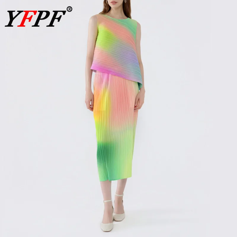 YFPF Miyake Pleated Women Two Piece Set Colorful Gradient Sleeveless Asymmetric Tops + Long Skirt Elegant 2025 New Clothing
YFPF Miyake Pleated Women Two Piece Set Colorful Gradient Sleeveless Asymmetric Tops + Long Skirt Elegant 2025 New Clothing