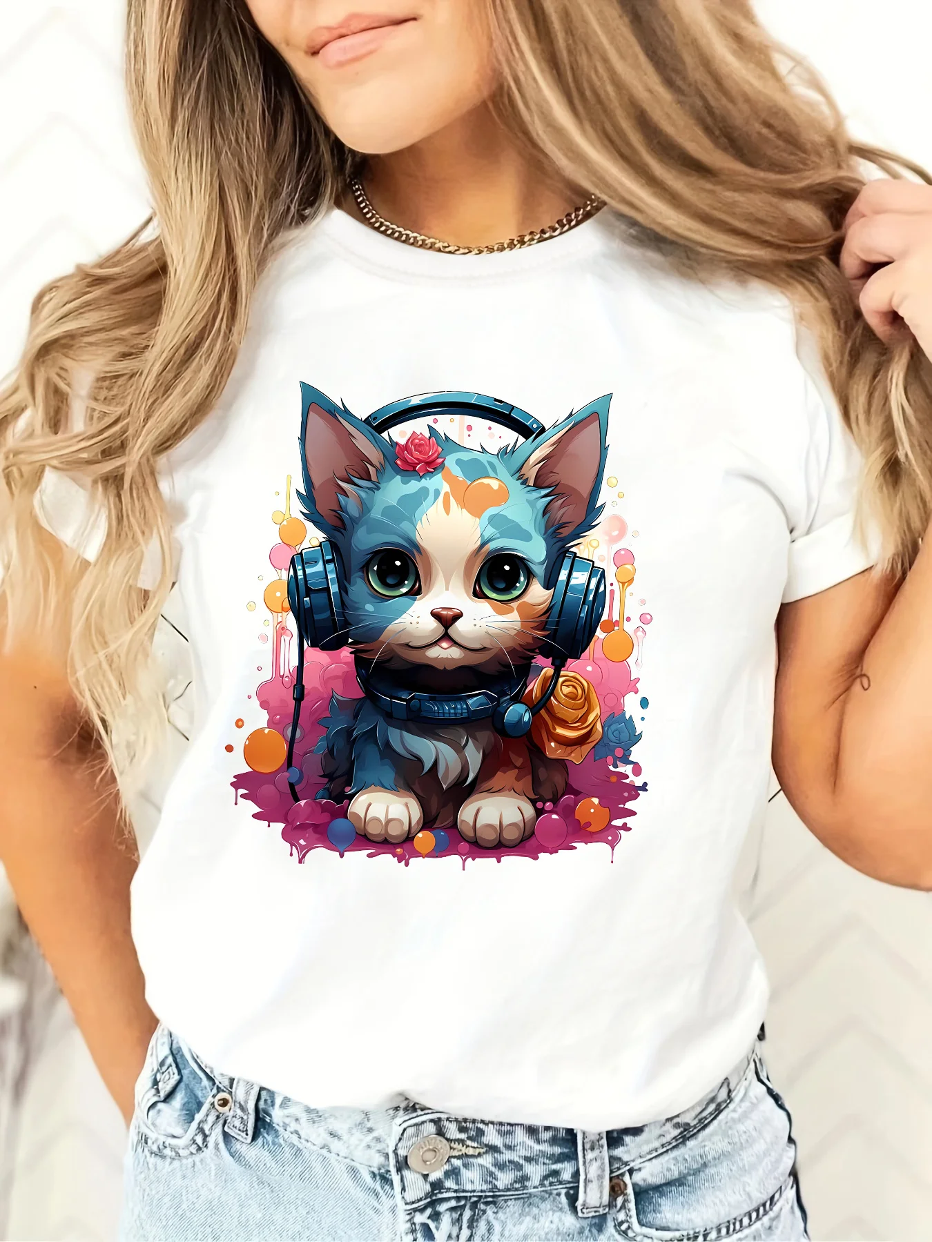 Cartoon Cat Print T-shirt, Casual Crew Neck Short Sleeve Top For Spring & Summer, Women's Clothing
Cartoon Cat Print T-shirt, Casual Crew Neck Short Sleeve Top For Spring & Summer, Women's Clothing