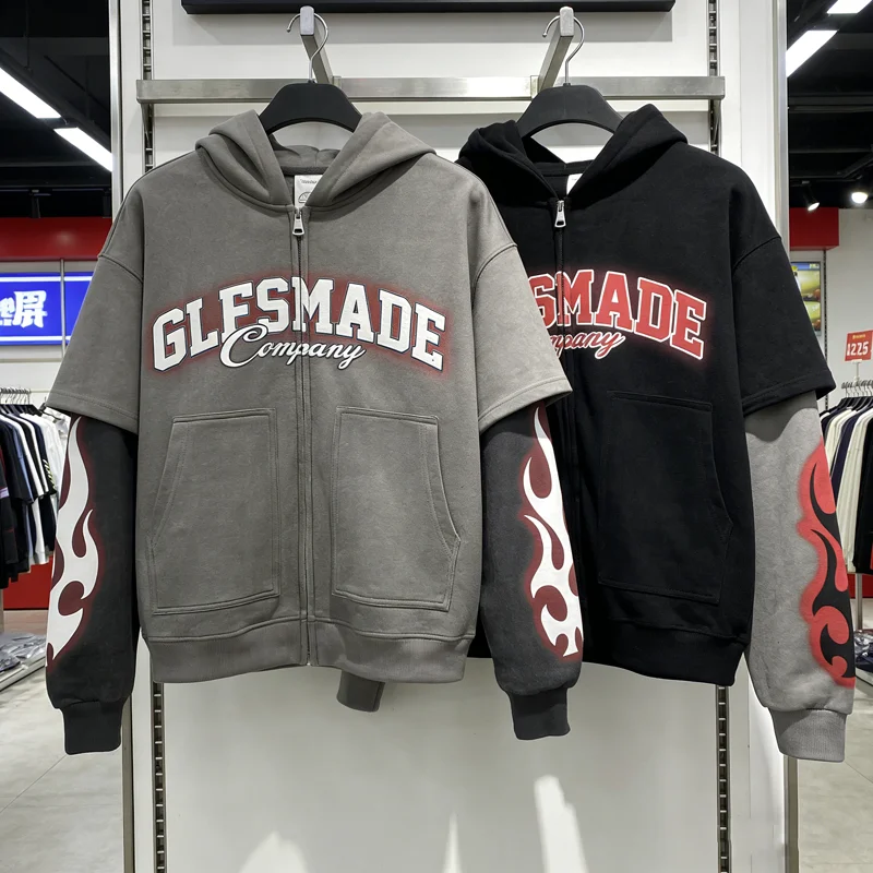 Fake Two Pieces Flame Print Sleeve Hoodie Zipper Splice Color Hooded Jacket Men Women High Quality Loose Casual Pullovers
Fake Two Pieces Flame Print Sleeve Hoodie Zipper Splice Color Hooded Jacket Men Women High Quality Loose Casual Pullovers