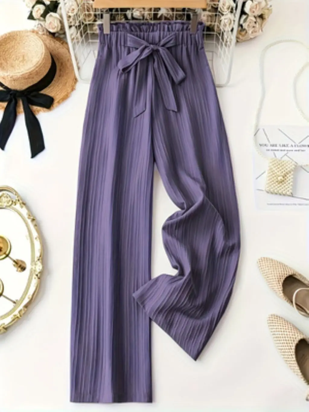 Ladies Dusty Purple Pleated Wide Leg Pants High Elasticity Waistband Casual Trousers for Spring Summer
Ladies Dusty Purple Pleated Wide Leg Pants High Elasticity Waistband Casual Trousers for Spring Summer