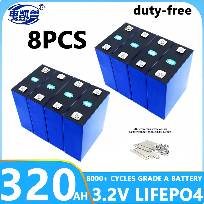 Duty-free 8pcs 3.2V 320Ah Lifepo4 Battery Grade A DIY 12V 24V 48V Rechargeable Battery Pack for RV Boat Golf Cart Solar
Duty-free 8pcs 3.2V 320Ah Lifepo4 Battery Grade A DIY 12V 24V 48V Rechargeable Battery Pack for RV Boat Golf Cart Solar