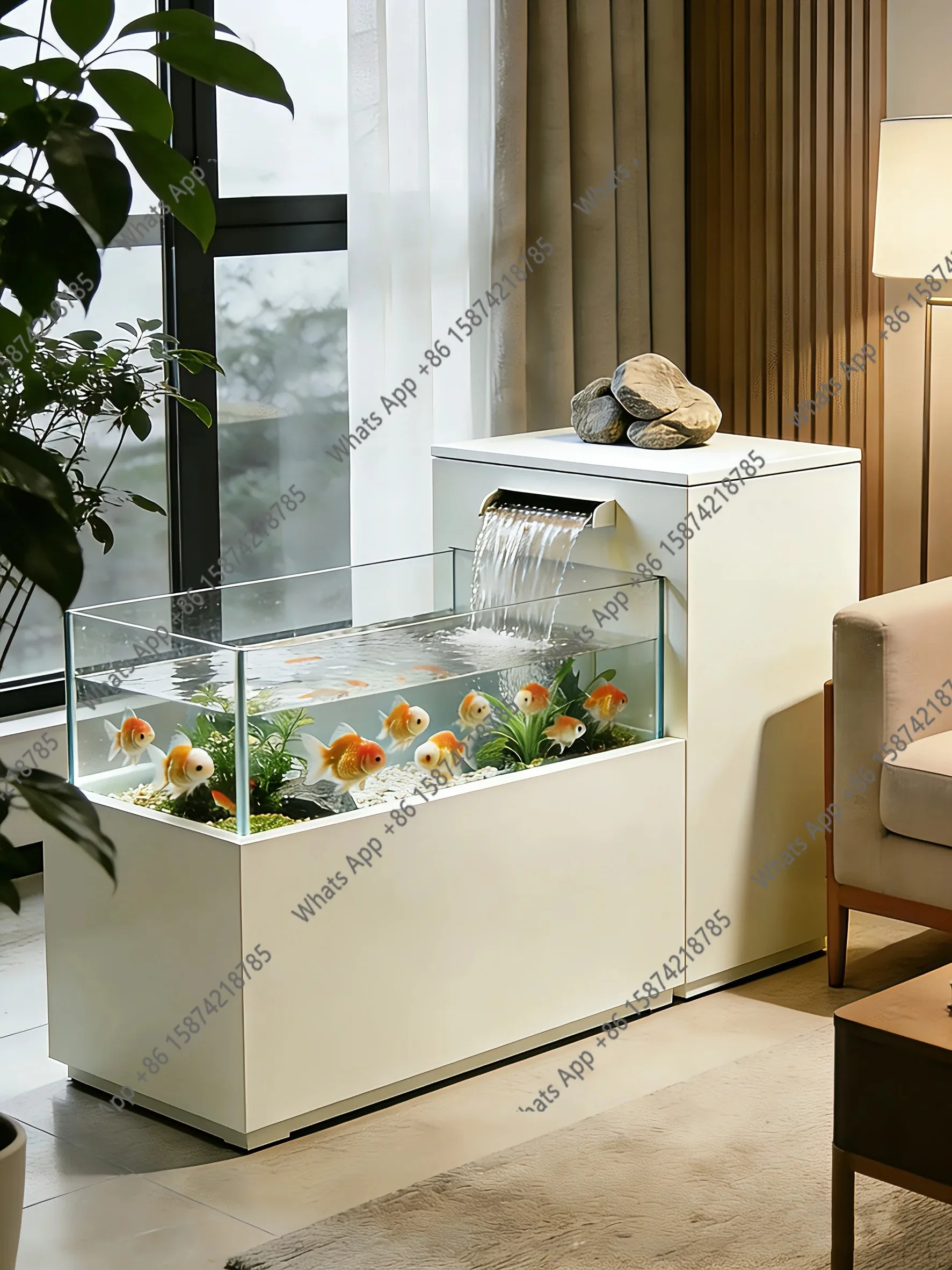 Ultra-white glass fish tank entrance, floor-to-ceiling running water self-circulation landscaping integrated ecological tank
Ultra-white glass fish tank entrance, floor-to-ceiling running water self-circulation landscaping integrated ecological tank