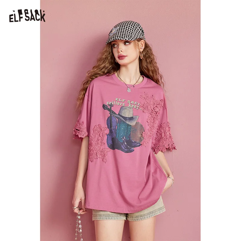 ELFSACK Vintage Cowboy Print Tee with Lace Sleeve Detail, Graphic Oversized T-Shirt for Women, Casual Pink Summer Top
ELFSACK Vintage Cowboy Print Tee with Lace Sleeve Detail, Graphic Oversized T-Shirt for Women, Casual Pink Summer Top