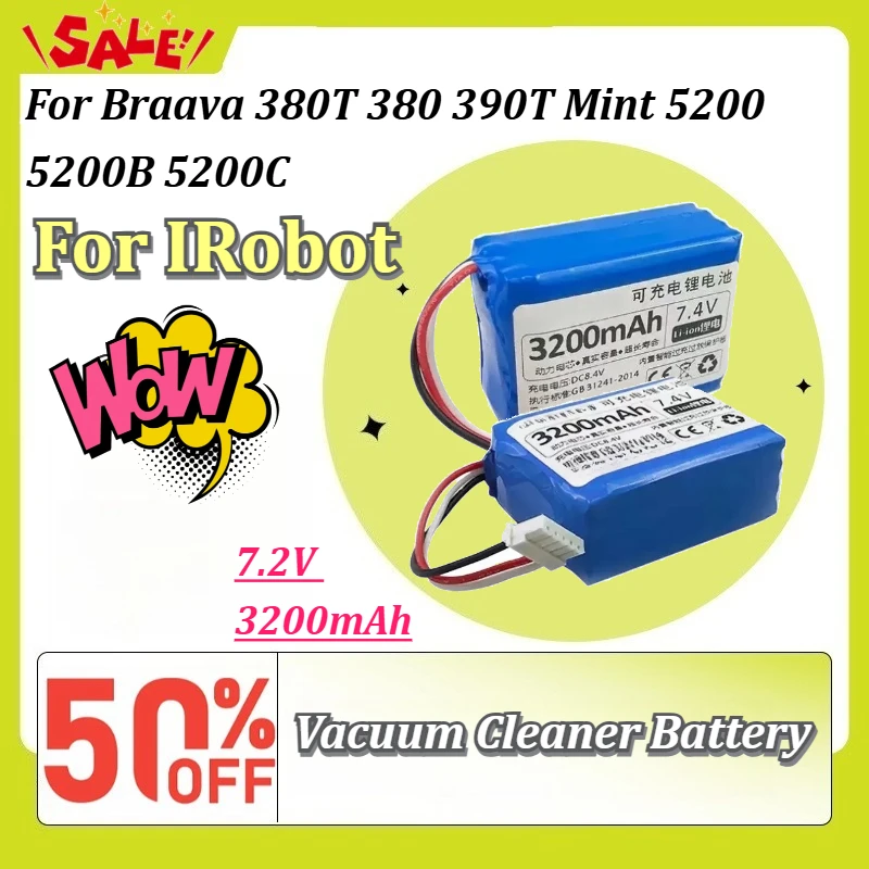 New 7.2V 3200mAh Vacuum Cleaner Battery for IRobot Braava 380T 380 385 390T 381 320 Mint 4200 4200A 42055200 5200B 5200C
New 7.2V 3200mAh Vacuum Cleaner Battery for IRobot Braava 380T 380 385 390T 381 320 Mint 4200 4200A 42055200 5200B 5200C