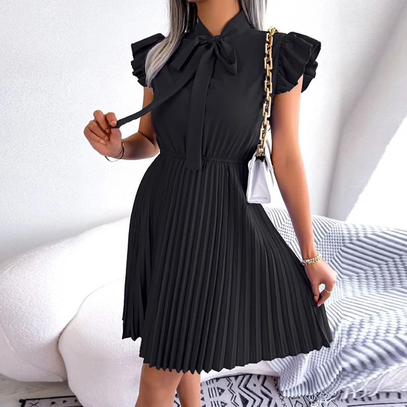 Women Elegant Dress Lace-up Stand Collar Lotus Leaf Sleeve Pleated Skirt Casual Solid Color Spring Summer Beach Dresses
Women Elegant Dress Lace-up Stand Collar Lotus Leaf Sleeve Pleated Skirt Casual Solid Color Spring Summer Beach Dresses