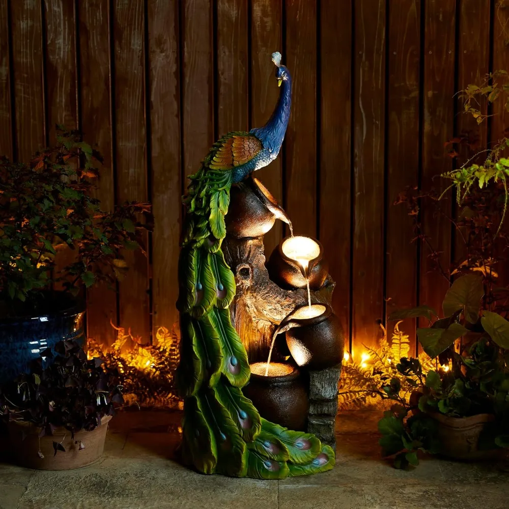 4-Tier Oversized Peacock Sculpture with Jars Outdoor Water Fountain with LED Light, Resin Peacock Statue Waterfall
4-Tier Oversized Peacock Sculpture with Jars Outdoor Water Fountain with LED Light, Resin Peacock Statue Waterfall