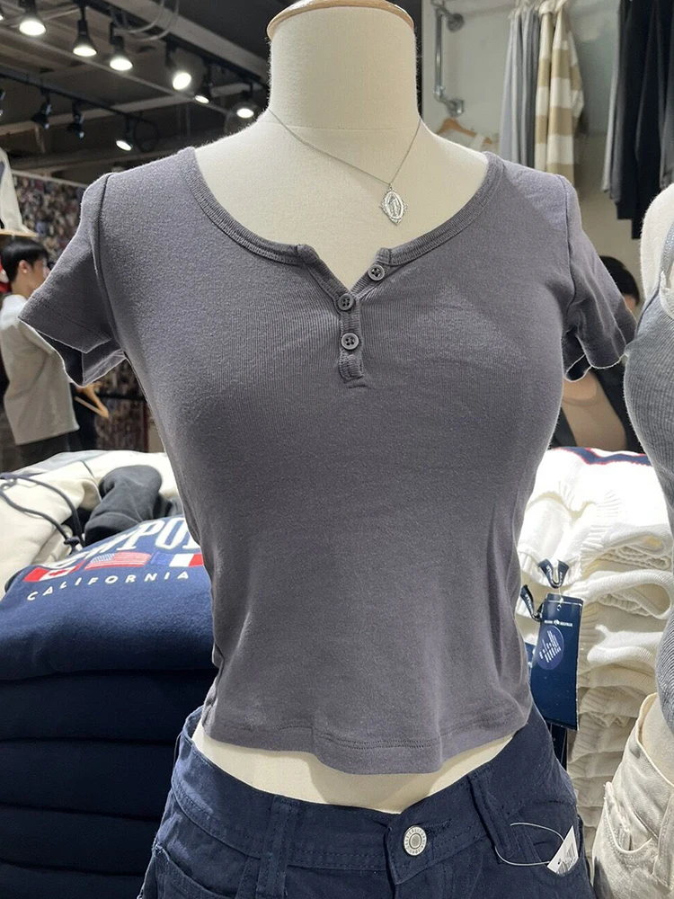 Vintage Cotton Slim Button Tees Women Summer Solid Round Neck Short Sleeve T-shirts Women Harajuku Streetwear Cute Crop Top Y2k
Vintage Cotton Slim Button Tees Women Summer Solid Round Neck Short Sleeve T-shirts Women Harajuku Streetwear Cute Crop Top Y2k