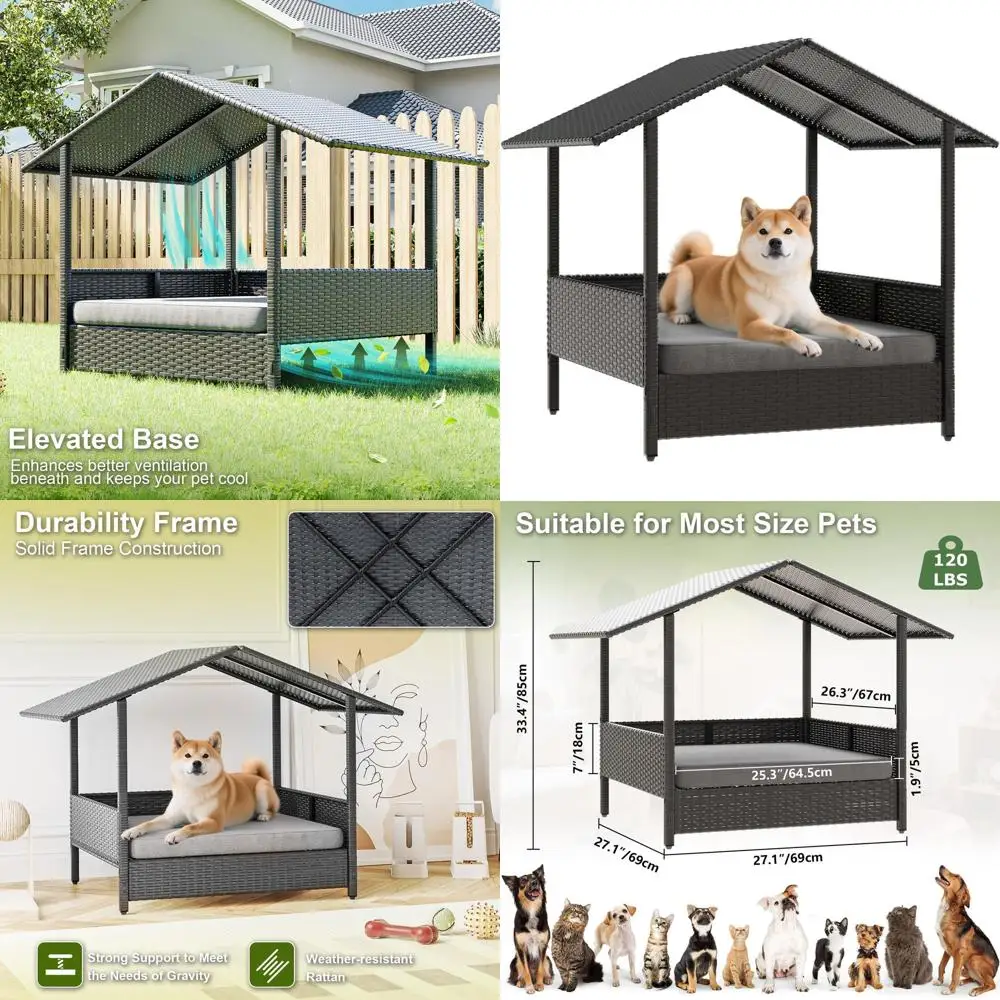 Elevated Rattan Dog House with Canopy, Removable Cushion, Weather-Resistant Cover for Small to Medium Dogs, Ideal for Patio, Dec
Elevated Rattan Dog House with Canopy, Removable Cushion, Weather-Resistant Cover for Small to Medium Dogs, Ideal for Patio, Dec