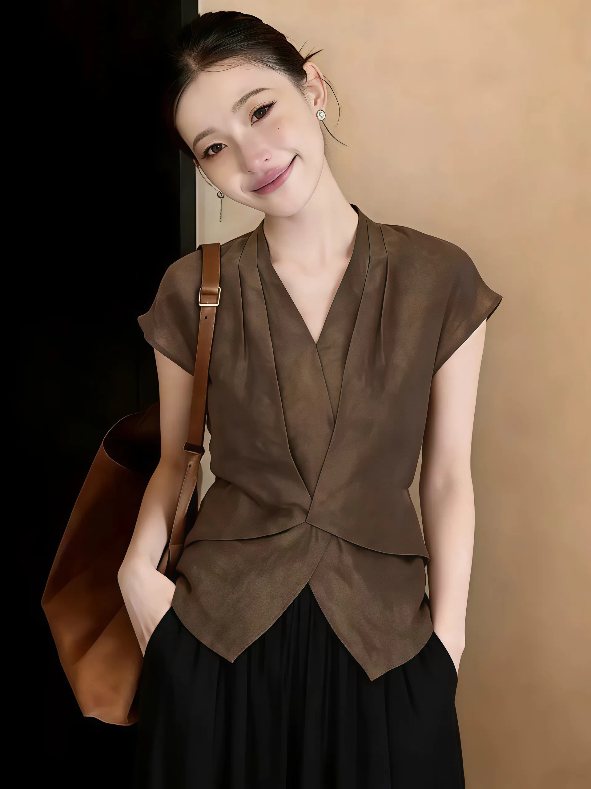 Chic Short Sleeve V-Neck Shirt Women's Coffee Color Shirt Shoulder Width Regular Summer New Style plus Size Fashionable Top
Chic Short Sleeve V-Neck Shirt Women's Coffee Color Shirt Shoulder Width Regular Summer New Style plus Size Fashionable Top