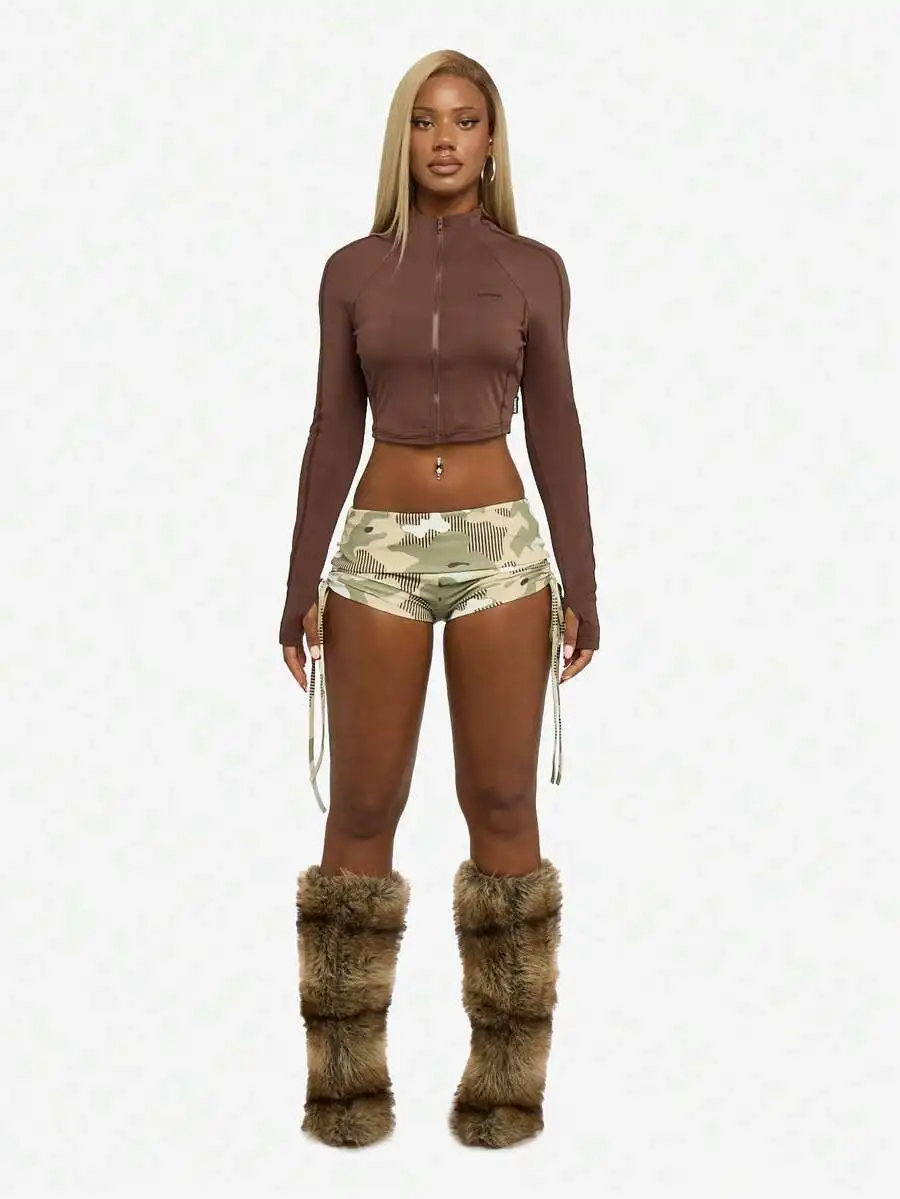 High Waist Ruched Drawstring Camouflage Shorts With Fur Leg Warmers Festival Party Wear
High Waist Ruched Drawstring Camouflage Shorts With Fur Leg Warmers Festival Party Wear