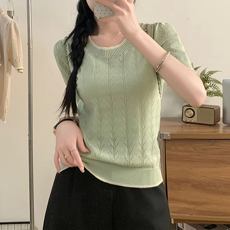 Knitwears Fashion O-Neck Knitted Sweater Women Pullovers Short Sleeve Hollow Out Knit Sweater Pullover Women Tops Sweaters Q2740
Knitwears Fashion O-Neck Knitted Sweater Women Pullovers Short Sleeve Hollow Out Knit Sweater Pullover Women Tops Sweaters Q2740