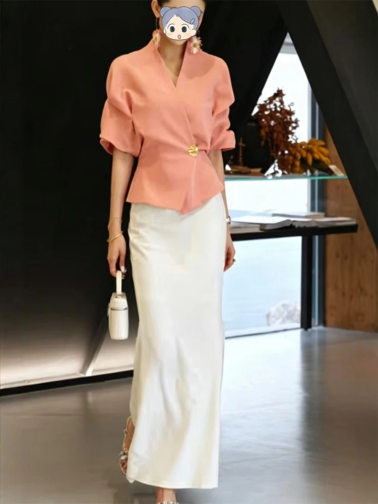 Elegant Pink Top White Skirt Women's Fashion Set Spring Season High Waist Long Skirt V-Neck Regular Fit Lightweight Set
Elegant Pink Top White Skirt Women's Fashion Set Spring Season High Waist Long Skirt V-Neck Regular Fit Lightweight Set