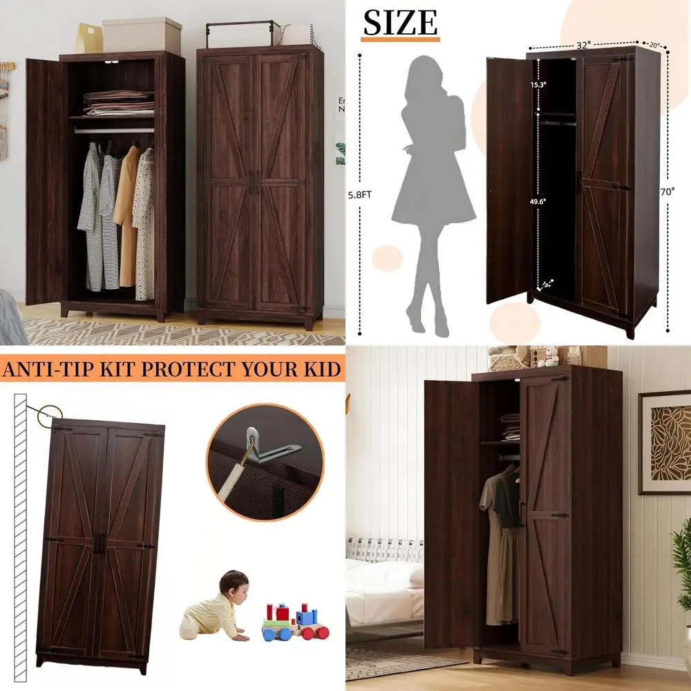 70 Tall Wooden Bedroom Armoire with Hanging Rod and Door
70 Tall Wooden Bedroom Armoire with Hanging Rod and Door