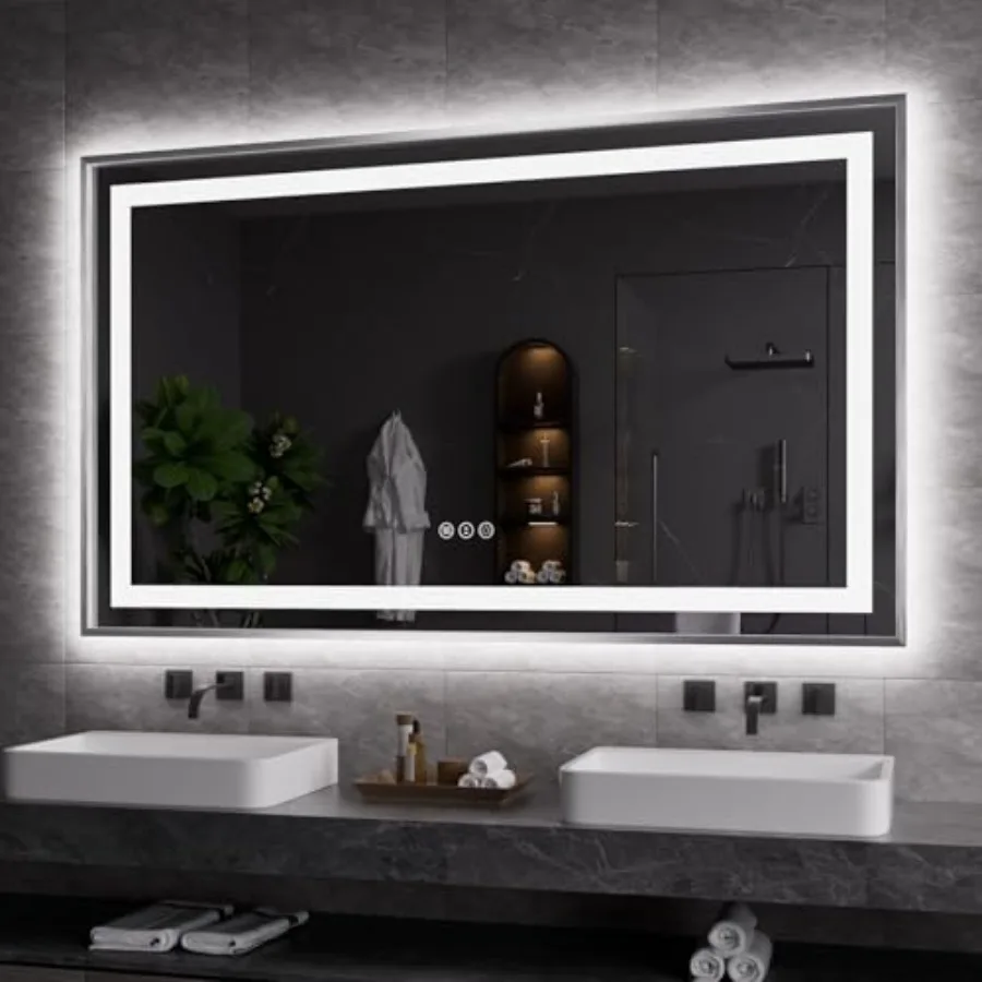 Bathroom LED mirror, brushed nickel frame, white, front and back lighting with stepless dimming, anti-fog, shatter-proof, memor
Bathroom LED mirror, brushed nickel frame, white, front and back lighting with stepless dimming, anti-fog, shatter-proof, memor