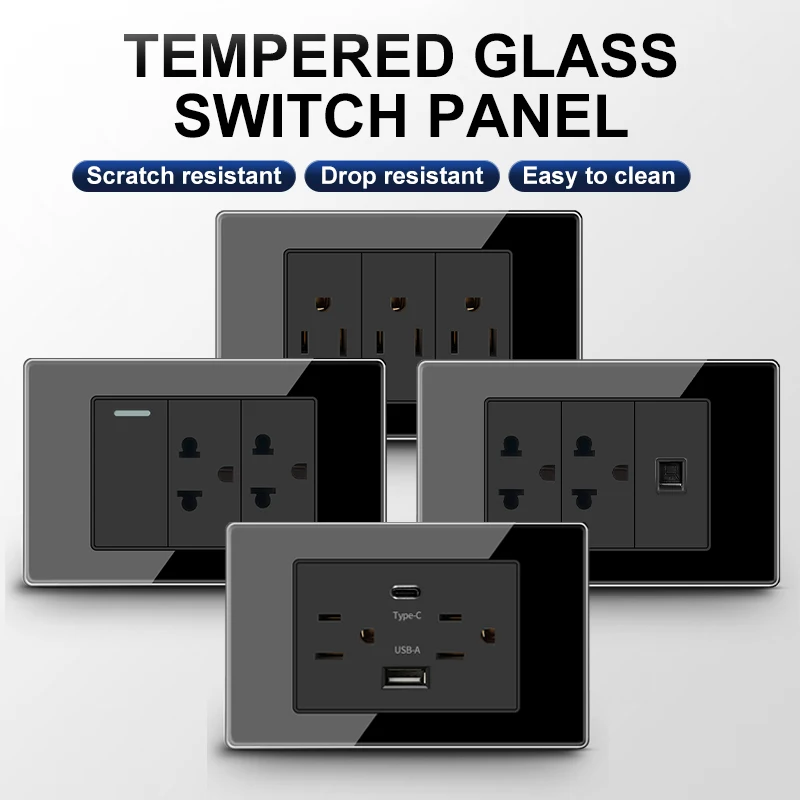 118*75mm Tempered Glass US Wall Socket Black Thai USB Socket Plug with Dual USB Type-C Ports,Light Switch 110V
118*75mm Tempered Glass US Wall Socket Black Thai USB Socket Plug with Dual USB Type-C Ports,Light Switch 110V