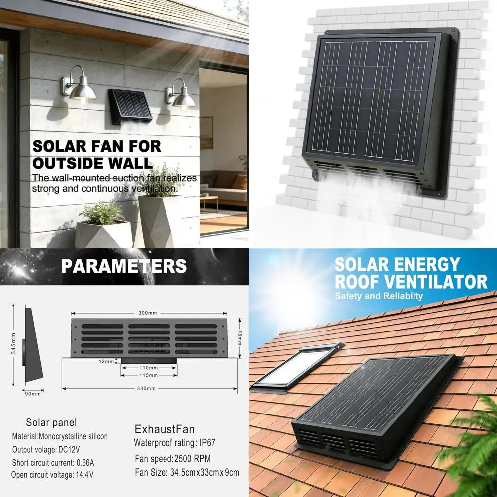 High-Speed 12V Solar Exhaust Fan with IP67 Rating for Attic, Garage, RV, and Shed - Easy Install, Energy-Efficient
High-Speed 12V Solar Exhaust Fan with IP67 Rating for Attic, Garage, RV, and Shed - Easy Install, Energy-Efficient