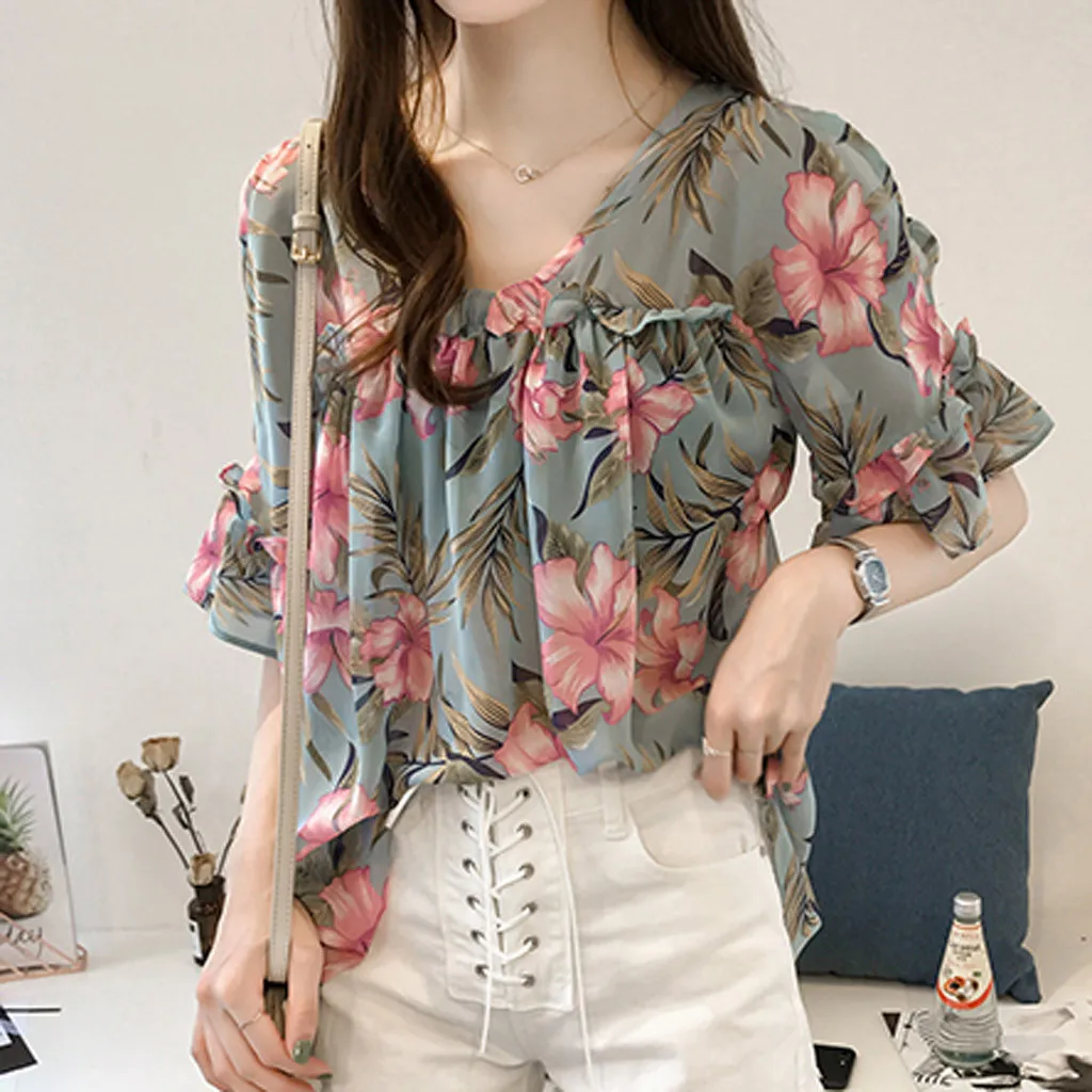 Women Summer Casual Tops Chiffon Off-the-shoulder V-neck Loose Fashion Puff Sleeves Printed Ruffle Top Elegant Ladies shirts
Women Summer Casual Tops Chiffon Off-the-shoulder V-neck Loose Fashion Puff Sleeves Printed Ruffle Top Elegant Ladies shirts