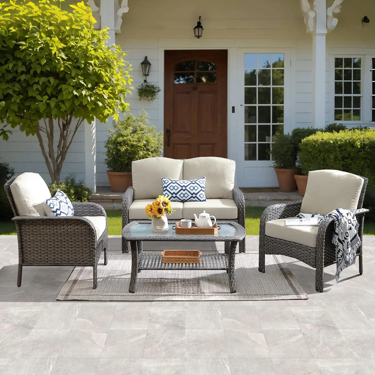 4-Piece Patio Furniture Set, Outdoor Wicker Sofa with Chairs Coffee Table, High Back Rattan Couch Loveseat with Comfy Cushions
4-Piece Patio Furniture Set, Outdoor Wicker Sofa with Chairs Coffee Table, High Back Rattan Couch Loveseat with Comfy Cushions