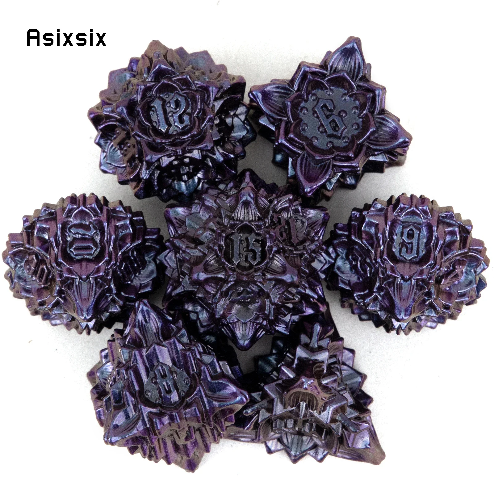 7 Pcs Purple Black Lotus Flower Metal Dice Solid Metal Polyhedral Dice Set Suitable For Role-Playing RPG Gift Card Game
7 Pcs Purple Black Lotus Flower Metal Dice Solid Metal Polyhedral Dice Set Suitable For Role-Playing RPG Gift Card Game