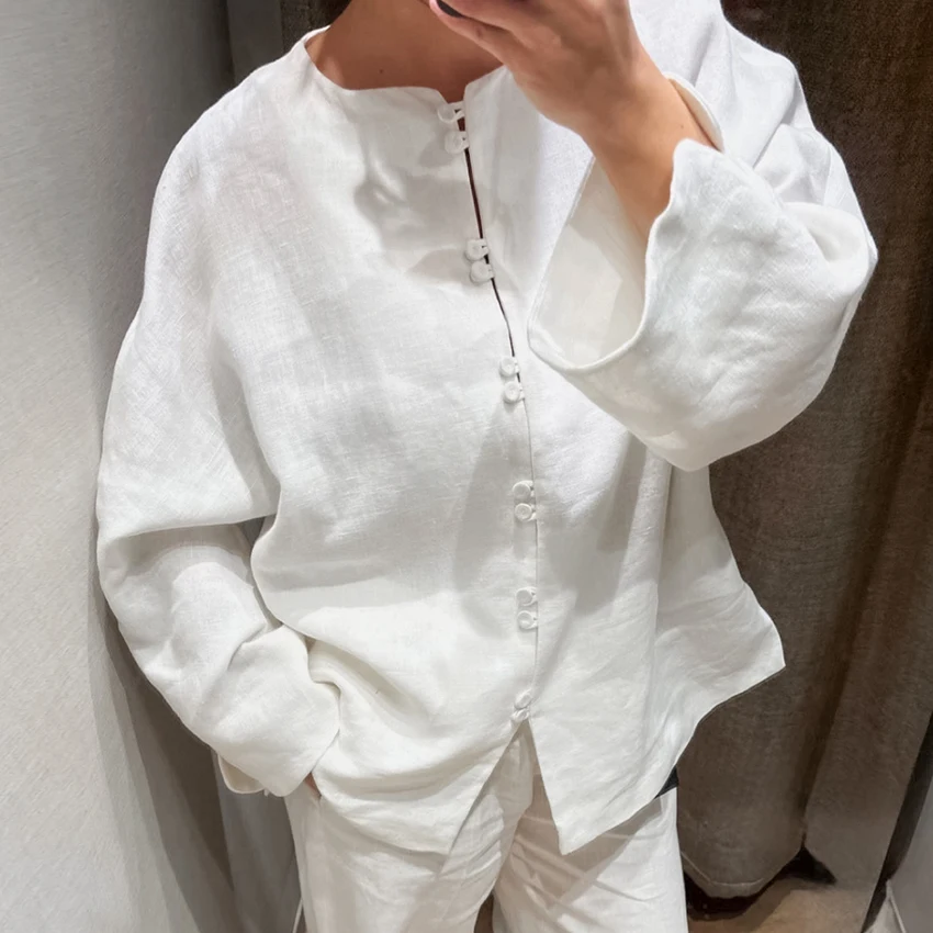 Linad Chinese Style White Loose Shirts Summer Casual O Neck Long Sleeve Blouse For Woman Street Chic Single Breasted Tops 2026
Linad Chinese Style White Loose Shirts Summer Casual O Neck Long Sleeve Blouse For Woman Street Chic Single Breasted Tops 2026