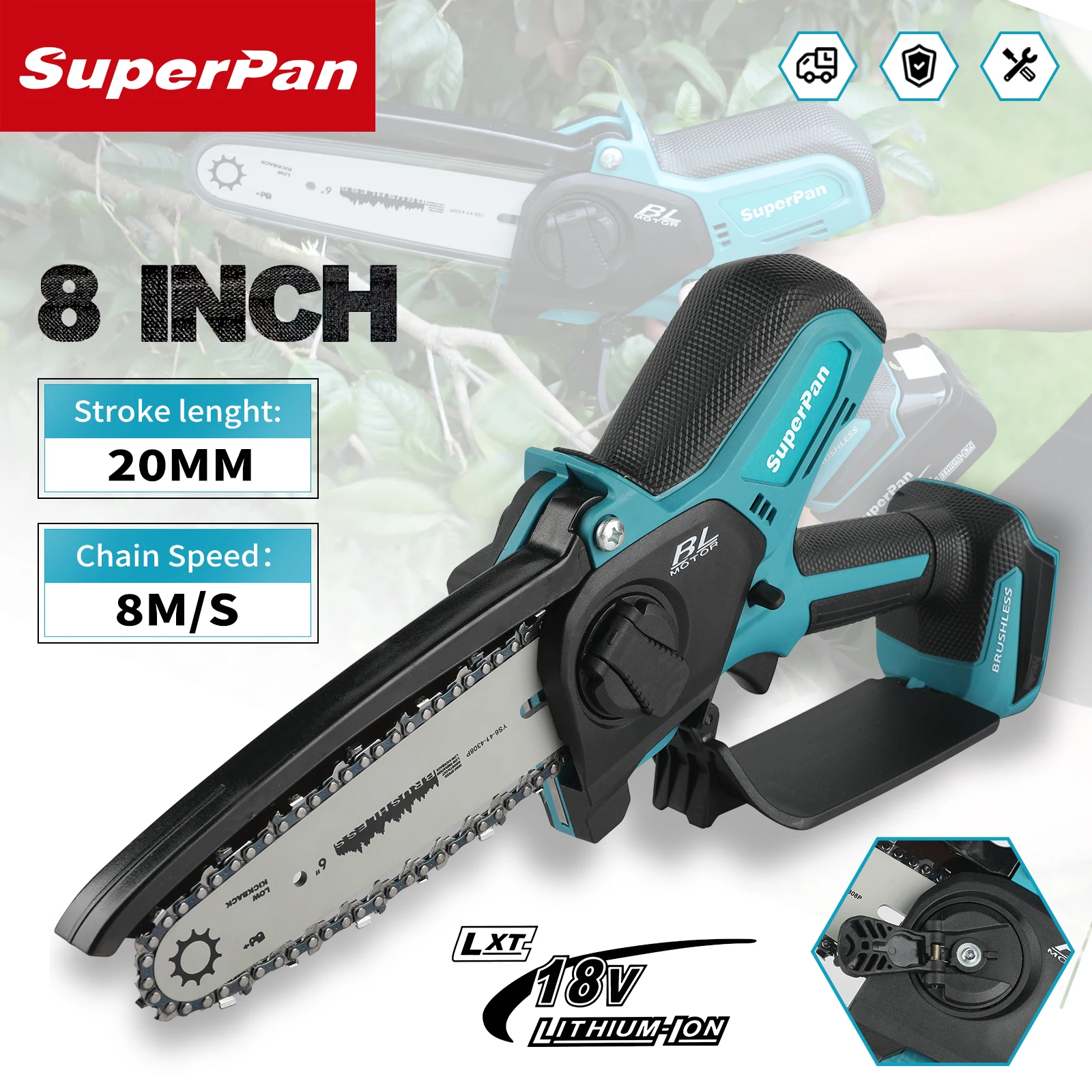 Superpan45000RPM 8In Mini Li-Ion Electric Chainsaw 8.5M/S One Hand Portable Electric Saw For 18V Makita Battery Pins
Superpan45000RPM 8In Mini Li-Ion Electric Chainsaw 8.5M/S One Hand Portable Electric Saw For 18V Makita Battery Pins