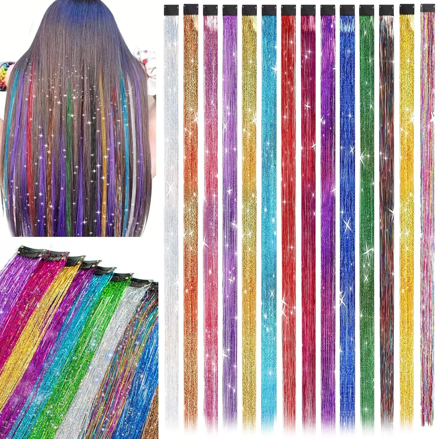 14 Color Glitter Tinsel Hair Extensions, 19.7in Clip-In Fairy Hair for Party
14 Color Glitter Tinsel Hair Extensions, 19.7in Clip-In Fairy Hair for Party