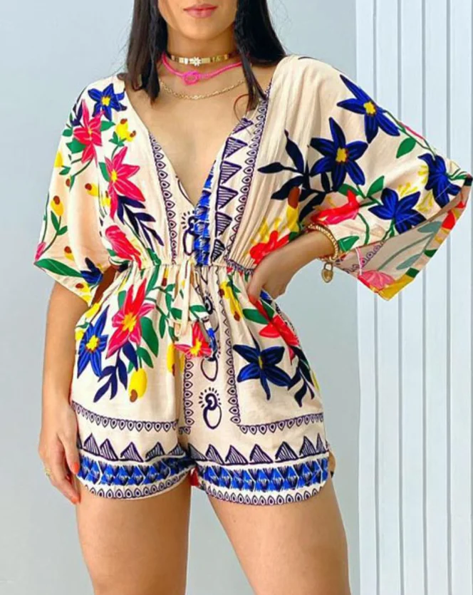 Flower Print V-Neck Waist Cinched Backless Lace Up Jumpsuit for Women's Summer Elegant and Sexy Casual Vacation Jumpsuit
Flower Print V-Neck Waist Cinched Backless Lace Up Jumpsuit for Women's Summer Elegant and Sexy Casual Vacation Jumpsuit