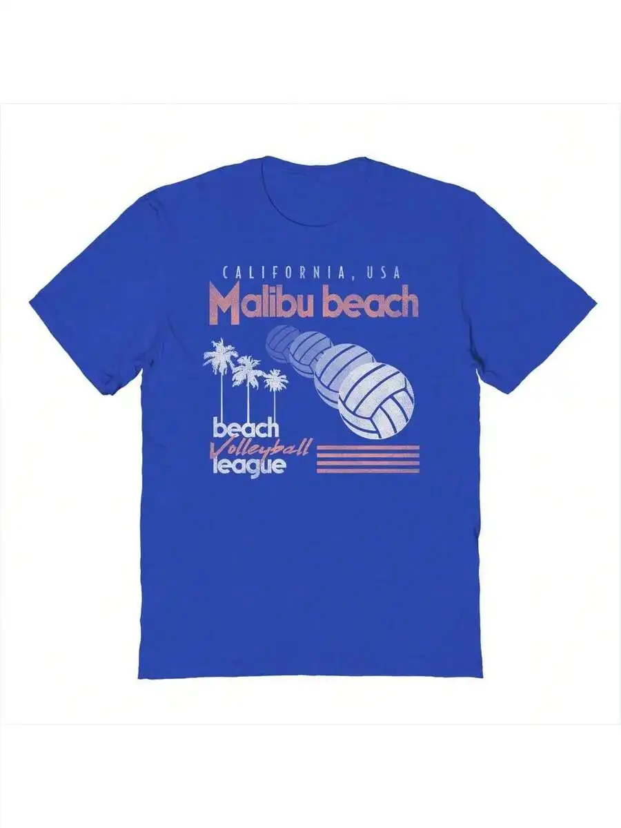 Blue Cotton Short Sleeve Tee Featuring Malibu Beach Volleyball League Design With Palm Trees And Volleyballs
Blue Cotton Short Sleeve Tee Featuring Malibu Beach Volleyball League Design With Palm Trees And Volleyballs