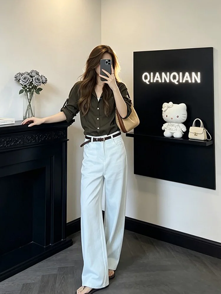 Summer Fashion Set Women's Long Sleeve Shirt High Waist Wide Leg Casual Pants Matching Green Olive Color Workwear Ensemble
Summer Fashion Set Women's Long Sleeve Shirt High Waist Wide Leg Casual Pants Matching Green Olive Color Workwear Ensemble