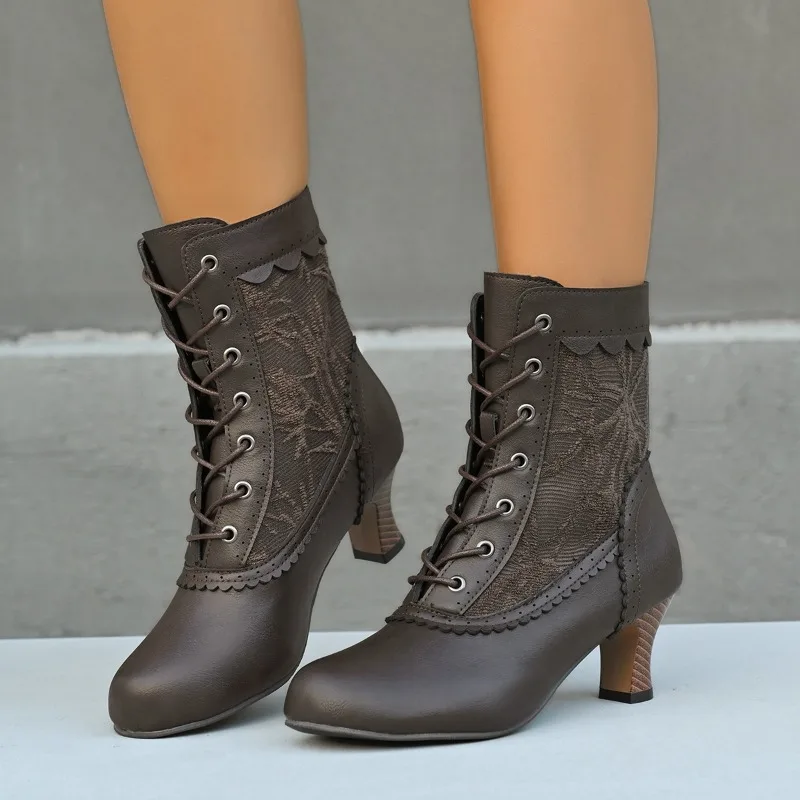 Lace Paneled Leather Shoes Fashion Round Toe Lace-Up Anti-Slip Wear-Resistant Stiletto Heel Booties
Lace Paneled Leather Shoes Fashion Round Toe Lace-Up Anti-Slip Wear-Resistant Stiletto Heel Booties