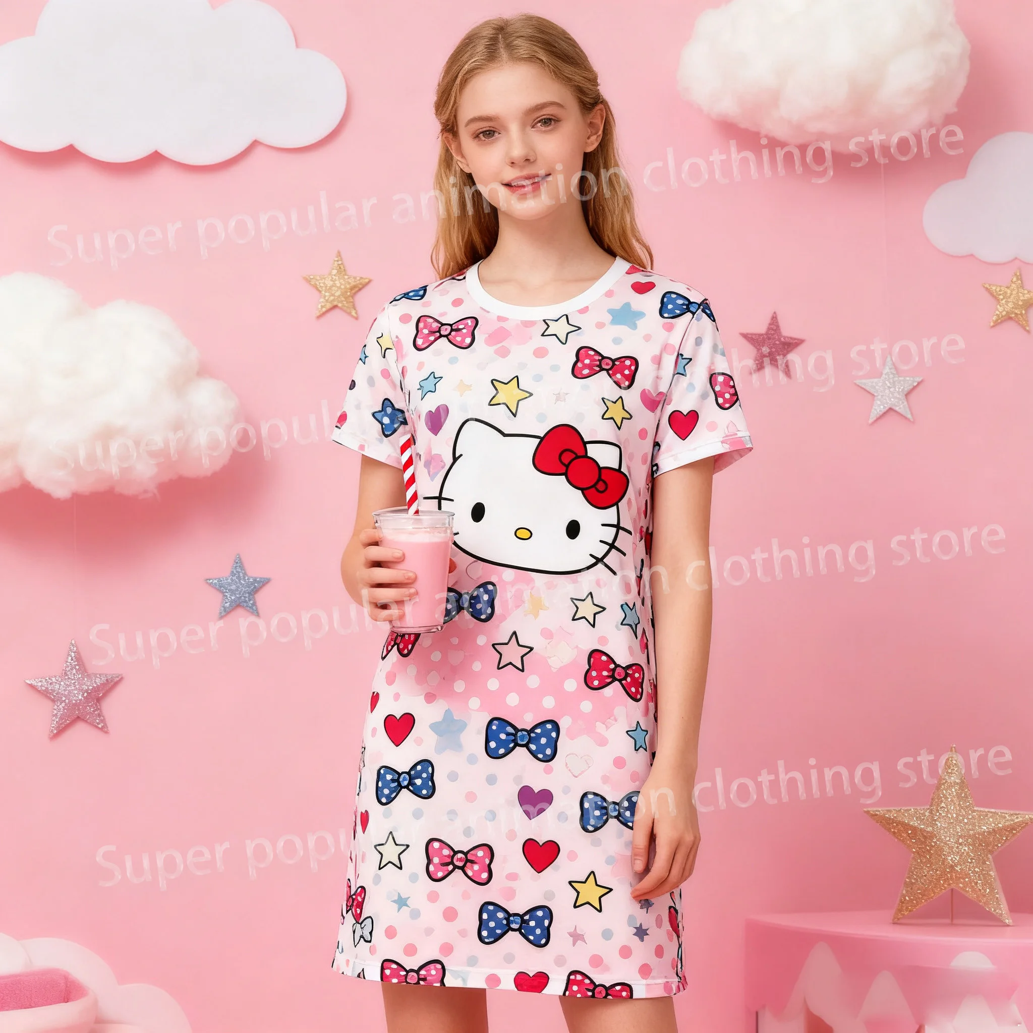 HelloKitty Print Dress Cute Cartoon Short-sleeved O-neck T-shirt Dress Fashionable Nightdress Basic Daily Wear Holiday Gifts
HelloKitty Print Dress Cute Cartoon Short-sleeved O-neck T-shirt Dress Fashionable Nightdress Basic Daily Wear Holiday Gifts
