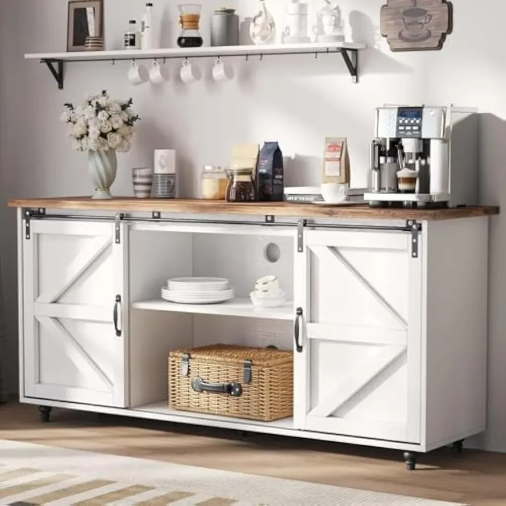 Farmhouse Coffee Bar Cabinet with Storage, 58'' Sideboard Buffet Cabinet with Sliding Barn Door, White Coffee Bar
Farmhouse Coffee Bar Cabinet with Storage, 58'' Sideboard Buffet Cabinet with Sliding Barn Door, White Coffee Bar