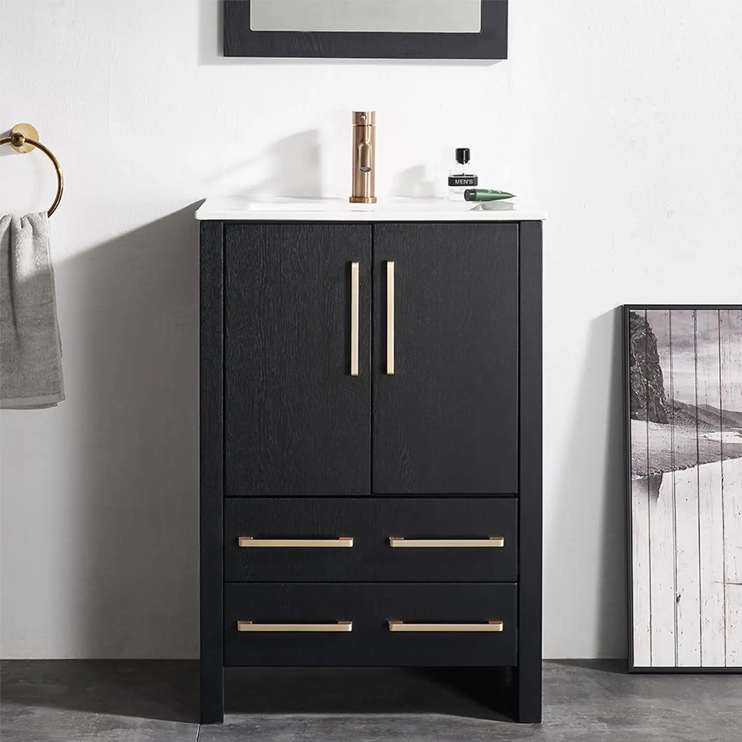 24" Black Bathroom Vanity Cabinet Set with Ceramic Sink & Storage, Modern Compact Wall Mount, Small Space, Customized
24" Black Bathroom Vanity Cabinet Set with Ceramic Sink & Storage, Modern Compact Wall Mount, Small Space, Customized
