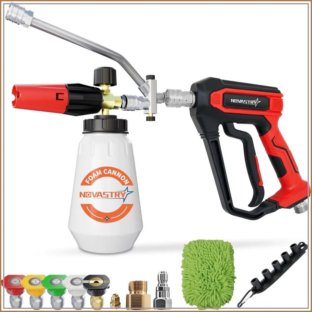 Pressure Washer Gun with Foam Cannon, 1/4" Quick Connect, 5 Nozzles & Dual Switch, 1000-4000 PSI, One-Button Rinse/Foam
Pressure Washer Gun with Foam Cannon, 1/4" Quick Connect, 5 Nozzles & Dual Switch, 1000-4000 PSI, One-Button Rinse/Foam