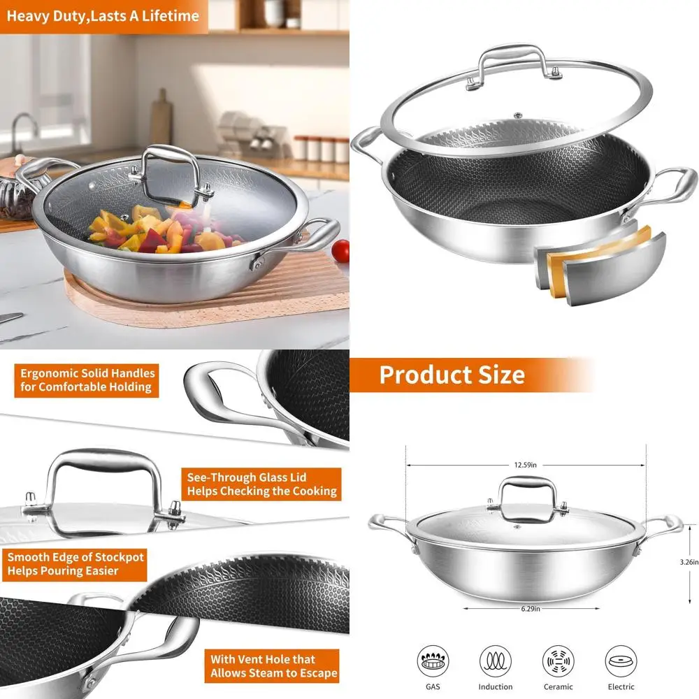 12-дюймовая трехслойная сковорода вок из нержавеющей стали с антипригарным покрытием и крышкой, безопасная для духовки до 600 ℉ , Емкость 5QT, Индукционная совместимая сковорода для жарки
12-дюймовая трехслойная сковорода вок из нержавеющей стали с антипригарным покрытием и крышкой, безопасная для духовки до 600 ℉ , Емкость 5QT, Индукционная совместимая сковорода для жарки