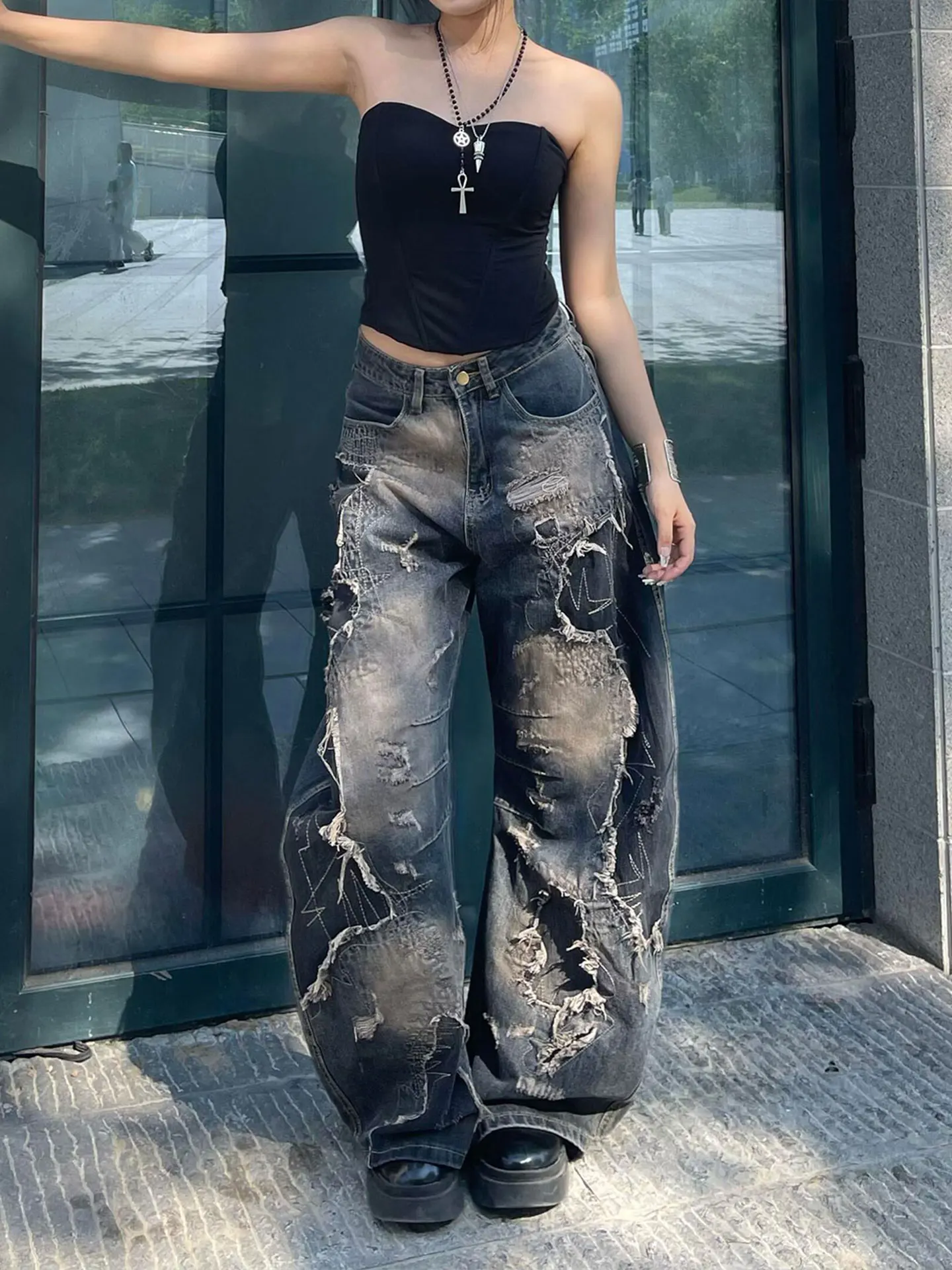 Spicy Girl Heavy Repair Patch Washed Denim Wide Leg Pants Women Summer Personality Unraveling Pleated Straight Long Trousers
Spicy Girl Heavy Repair Patch Washed Denim Wide Leg Pants Women Summer Personality Unraveling Pleated Straight Long Trousers