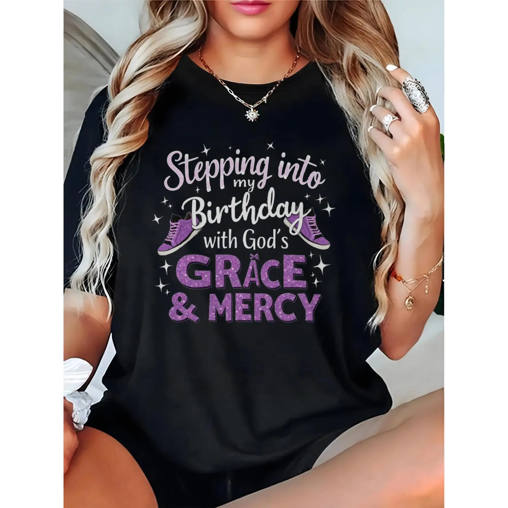 Women's Vibrant Birthday Party T-Shirt - 100% Cotton Short Sleeve Crew Neck Top With Inspirational "Stepping Into My Birthday"
Women's Vibrant Birthday Party T-Shirt - 100% Cotton Short Sleeve Crew Neck Top With Inspirational "Stepping Into My Birthday"
