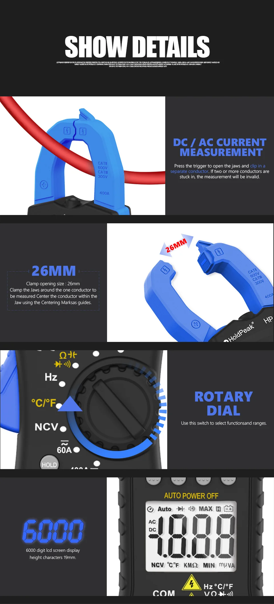 Digital Clamp Multimeter Bluetooth APP 600A AC/DC Current Voltage Resistance Capacitance Temperature Meter
Digital Clamp Multimeter Bluetooth APP 600A AC/DC Current Voltage Resistance Capacitance Temperature Meter